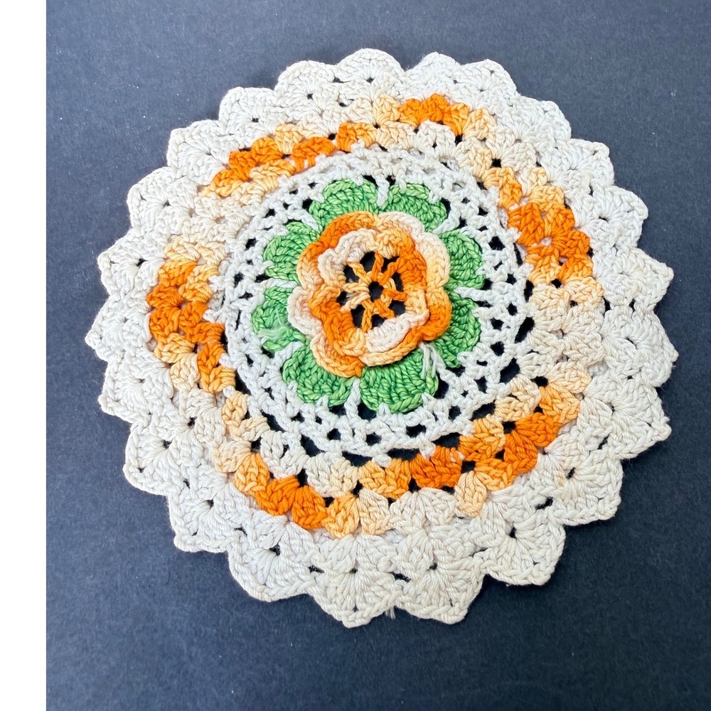Vintage Handmade Crochet Floral Doily Orange Green Cream Scalloped 6.5 Inch